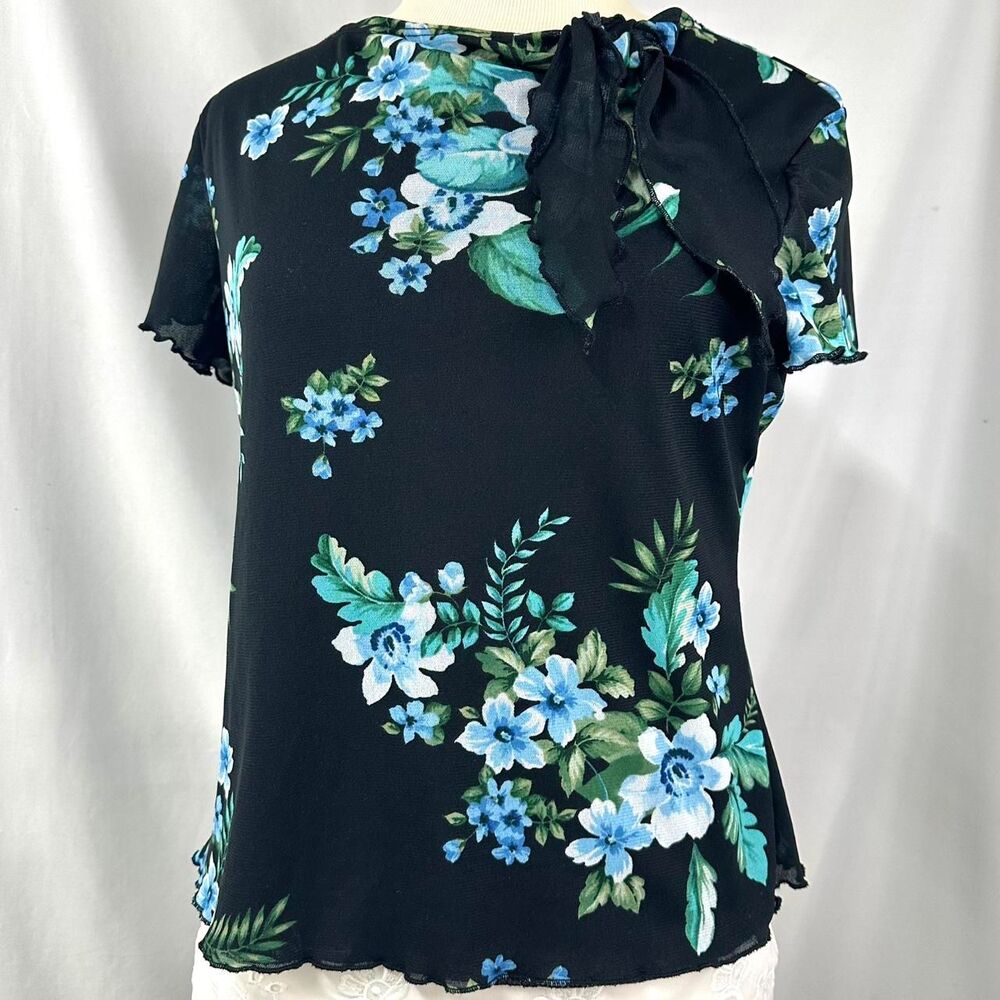 NOTCHES VTG 90s Black Blue Floral Print Short Sleeve Top Neck Tie Womens M Fairy